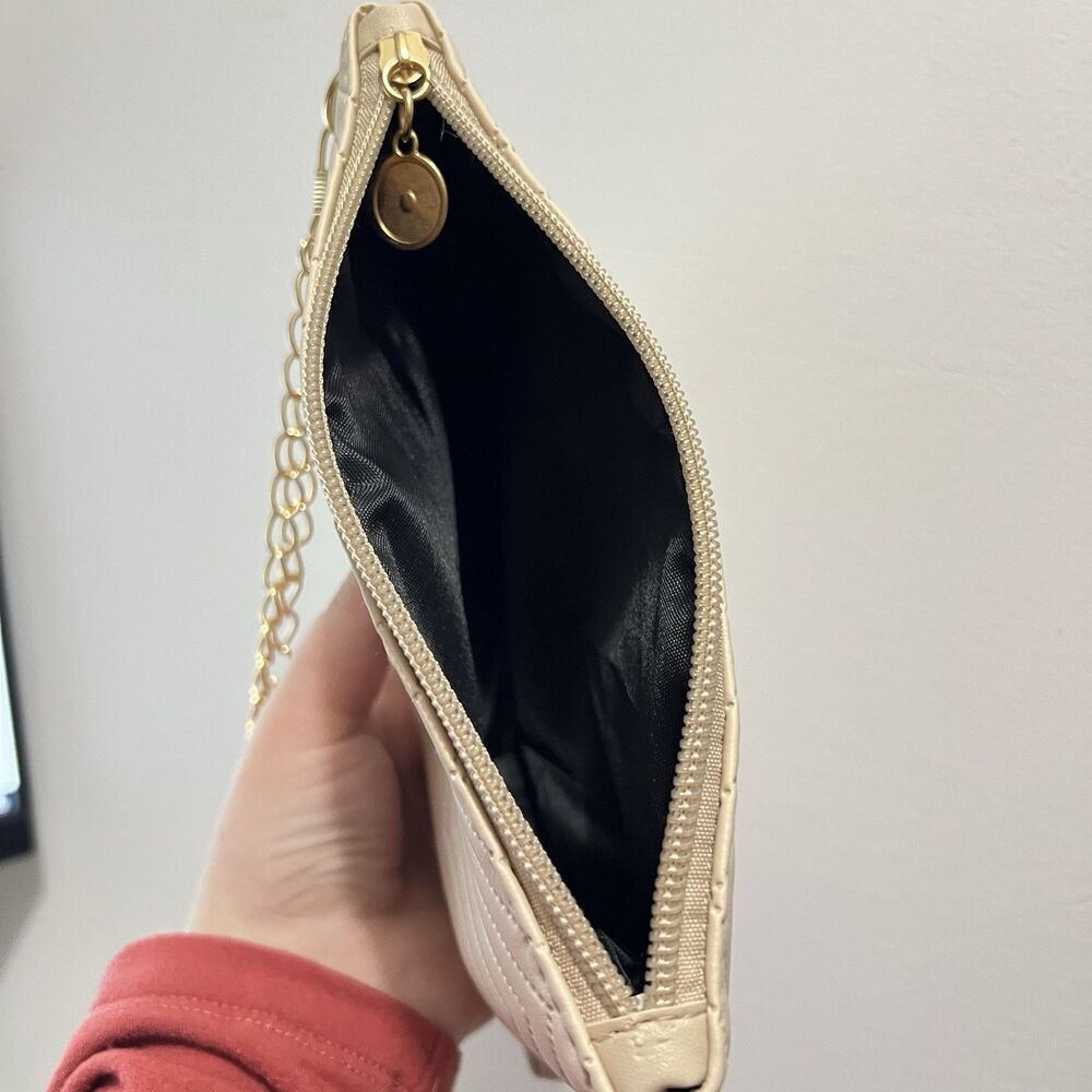 7.5”x6” Beige Tan Leather Purse‎ Clutch Shoulder Cross Body Bag gold chain strap - Picture 4 of 7
